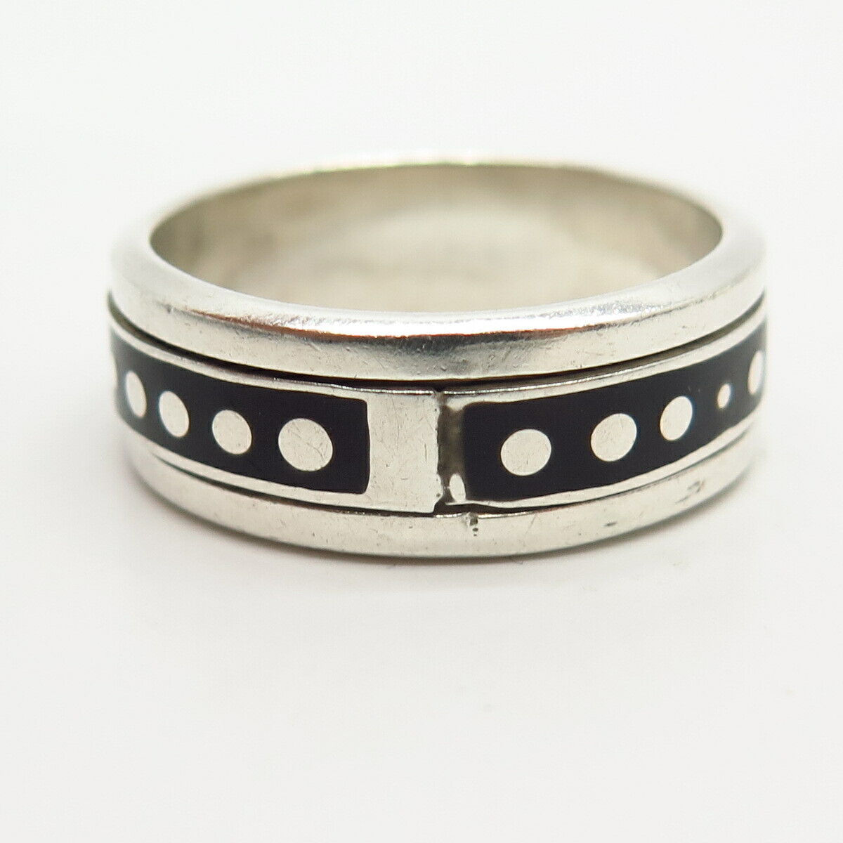 925 Sterling Vintage Mexico Enamel Polka Dot Rotating Men's Band Ring Size 14.5