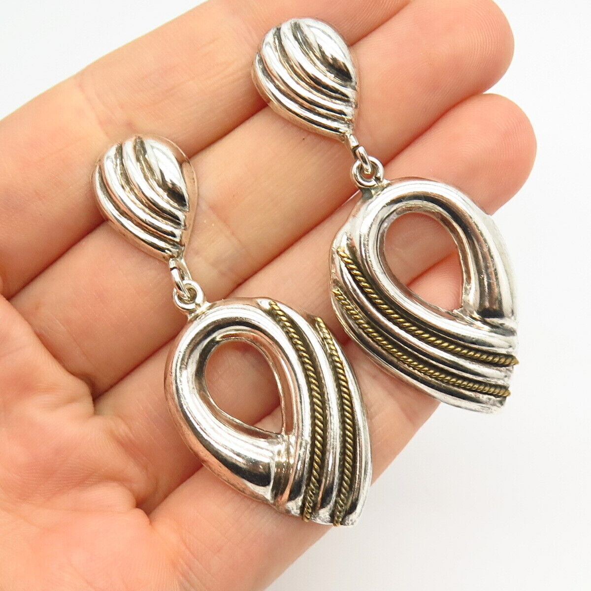 925 Sterling Silver 2-Tone Vintage Mexico Ribbed Design Dangling Earrings