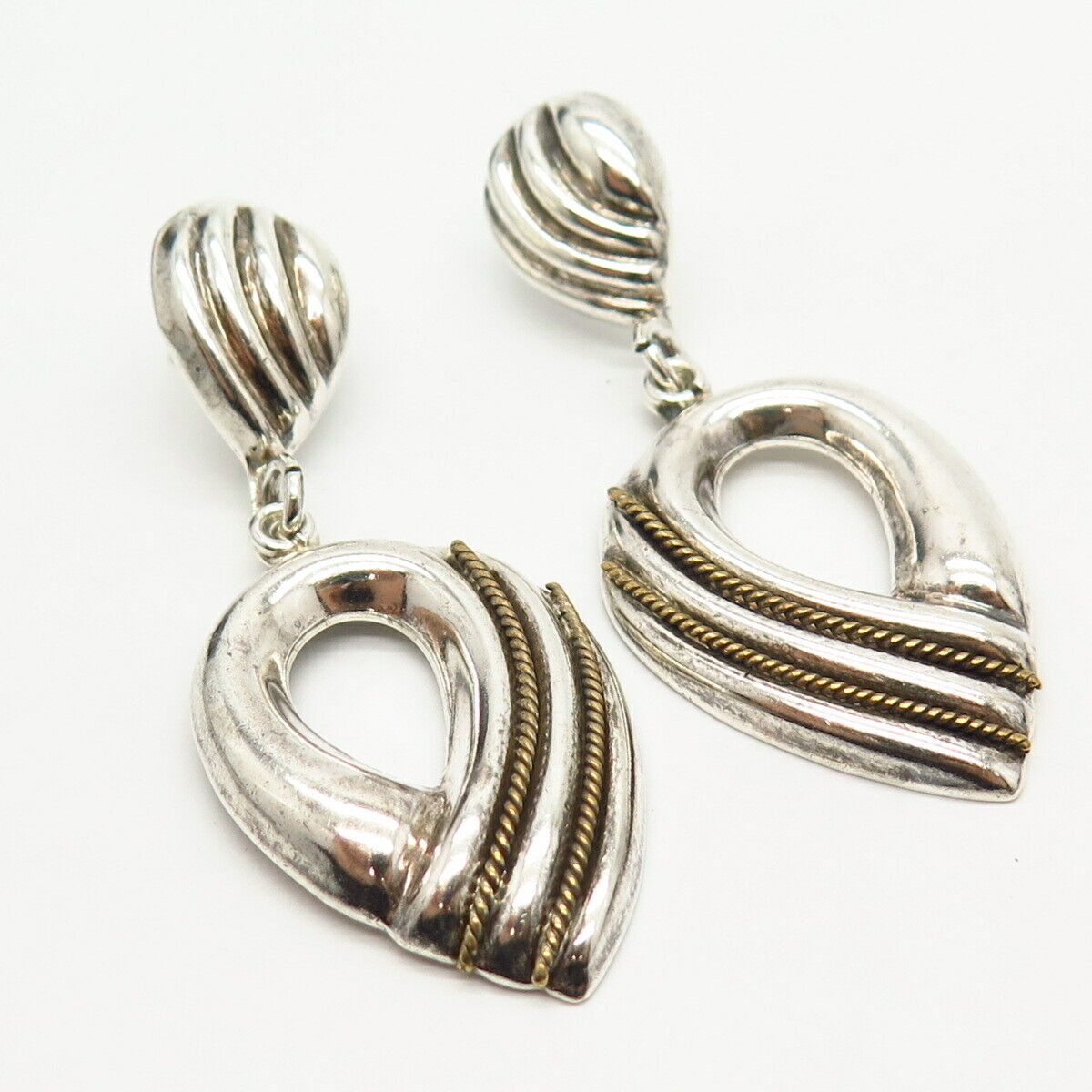 925 Sterling Silver 2-Tone Vintage Mexico Ribbed Design Dangling Earrings