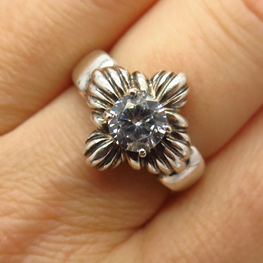 925 Sterling Silver Round-Cut C Z Floral Design Ring Size 7 1/4