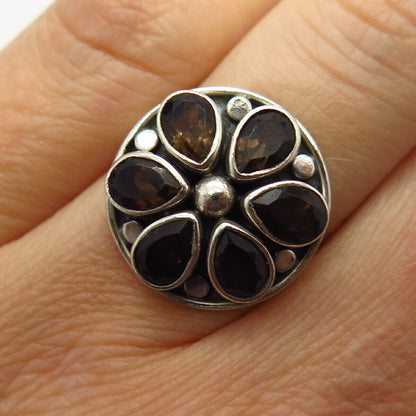 925 Sterling Silver Real Smoky Quartz Floral Design Ring