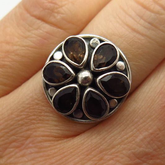 925 Sterling Silver Real Smoky Quartz Floral Design Ring