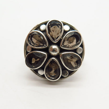 925 Sterling Silver Real Smoky Quartz Floral Design Ring