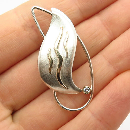 925 Sterling Silver 2-Tone C Z Leaf Design Pin Brooch