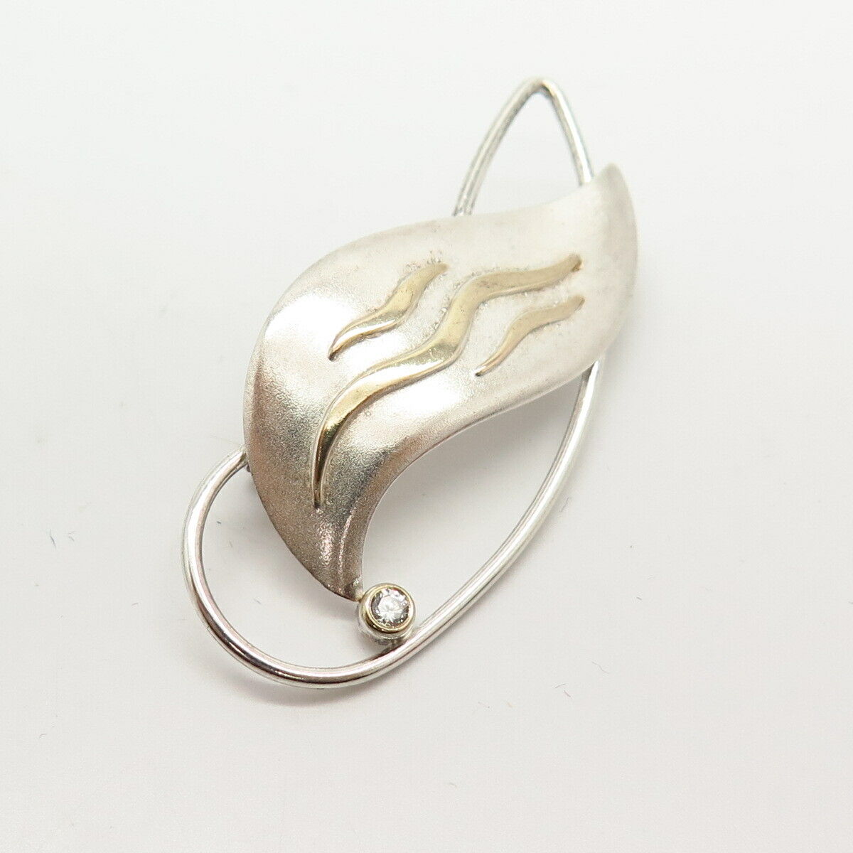 925 Sterling Silver 2-Tone C Z Leaf Design Pin Brooch