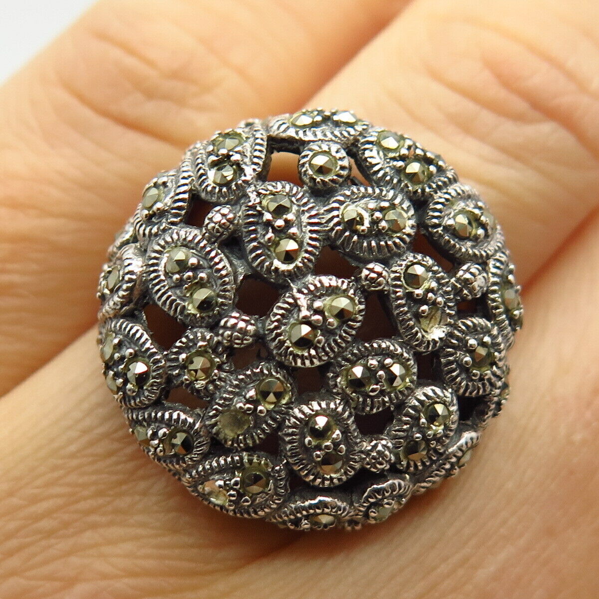 925 Sterling Silver Real Marcasite Gem Floral Design Ring Size 6