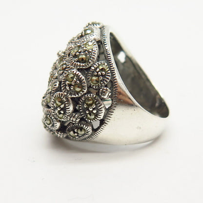 925 Sterling Silver Real Marcasite Gem Floral Design Ring Size 6