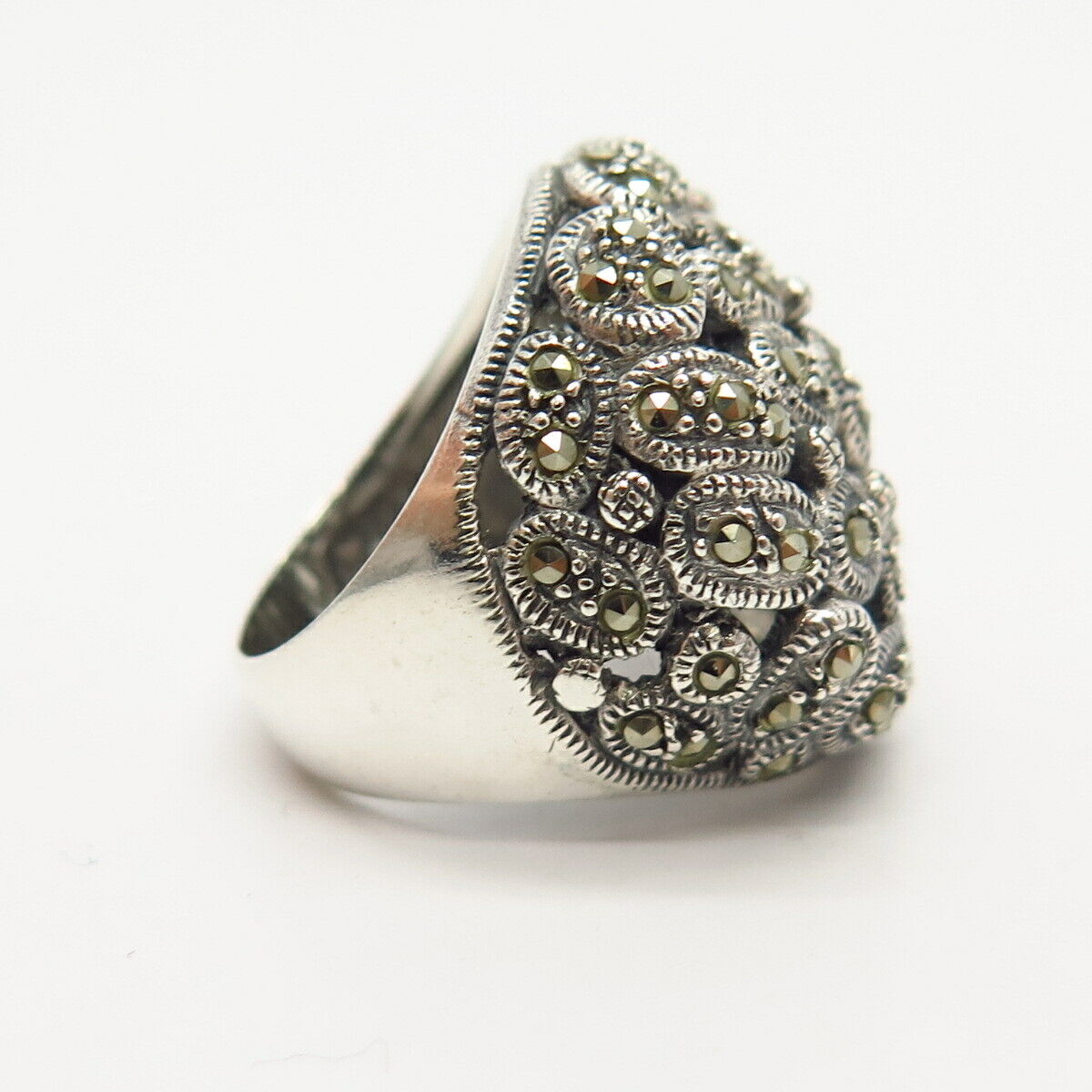 925 Sterling Silver Real Marcasite Gem Floral Design Ring Size 6