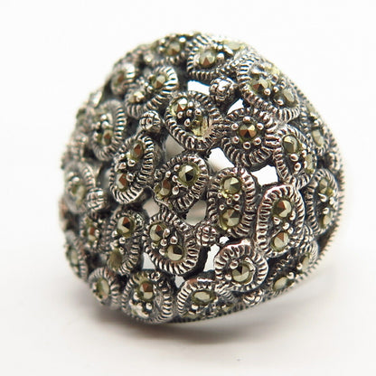 925 Sterling Silver Real Marcasite Gem Floral Design Ring Size 6