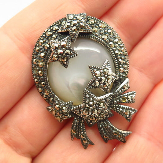 925 Sterling Silver Vintage MOP & Marcasite Gem Star Design Locket Pin Brooch