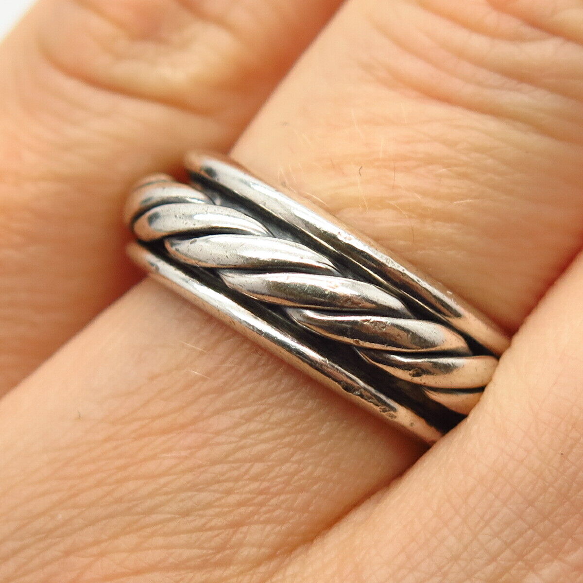 925 Sterling Silver Vintage Mexico Braiding Design Rotating Band Ring Size 7.5