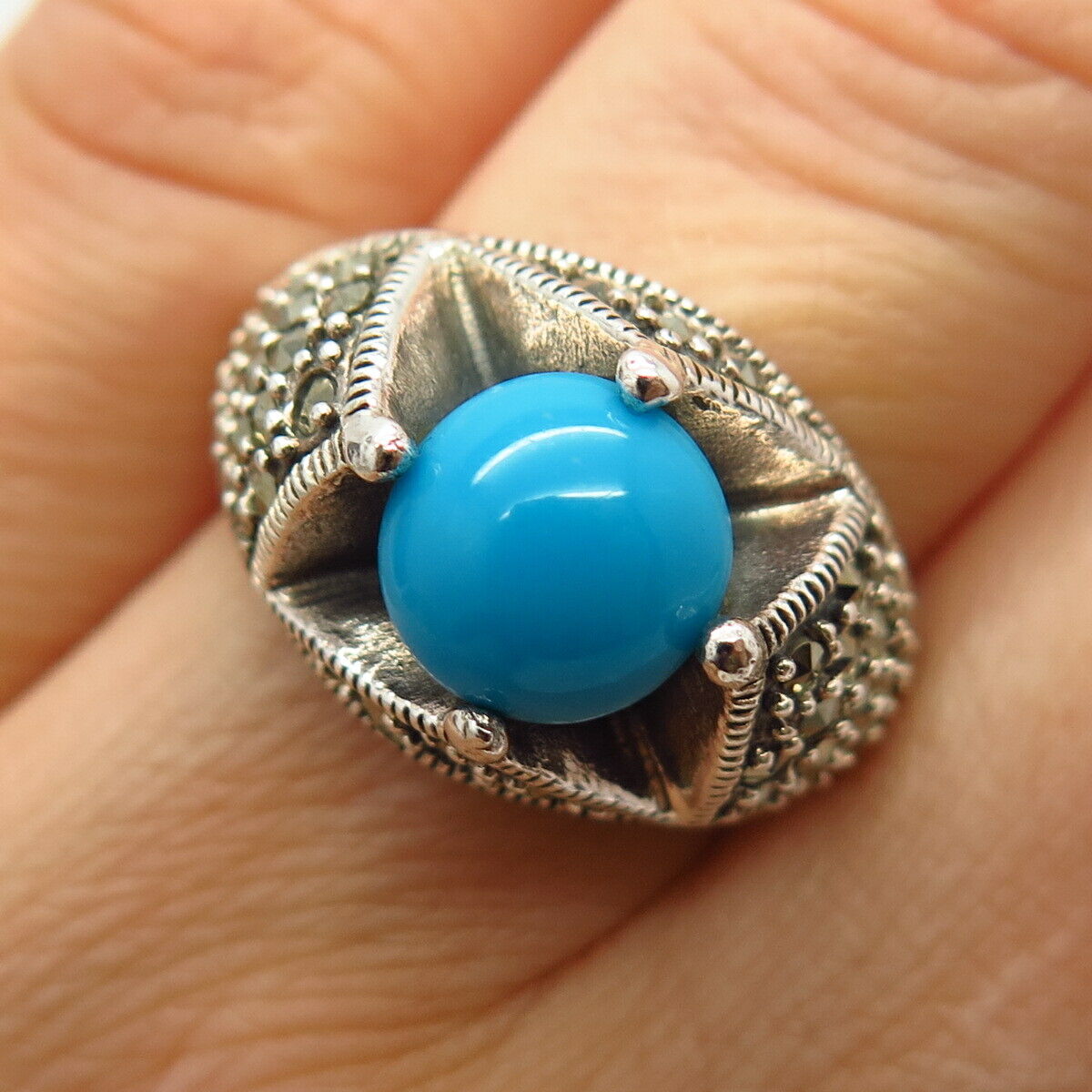 925 Sterling Silver Real Turquoise & Marcasite Gemstone Ring Size 6 3/4