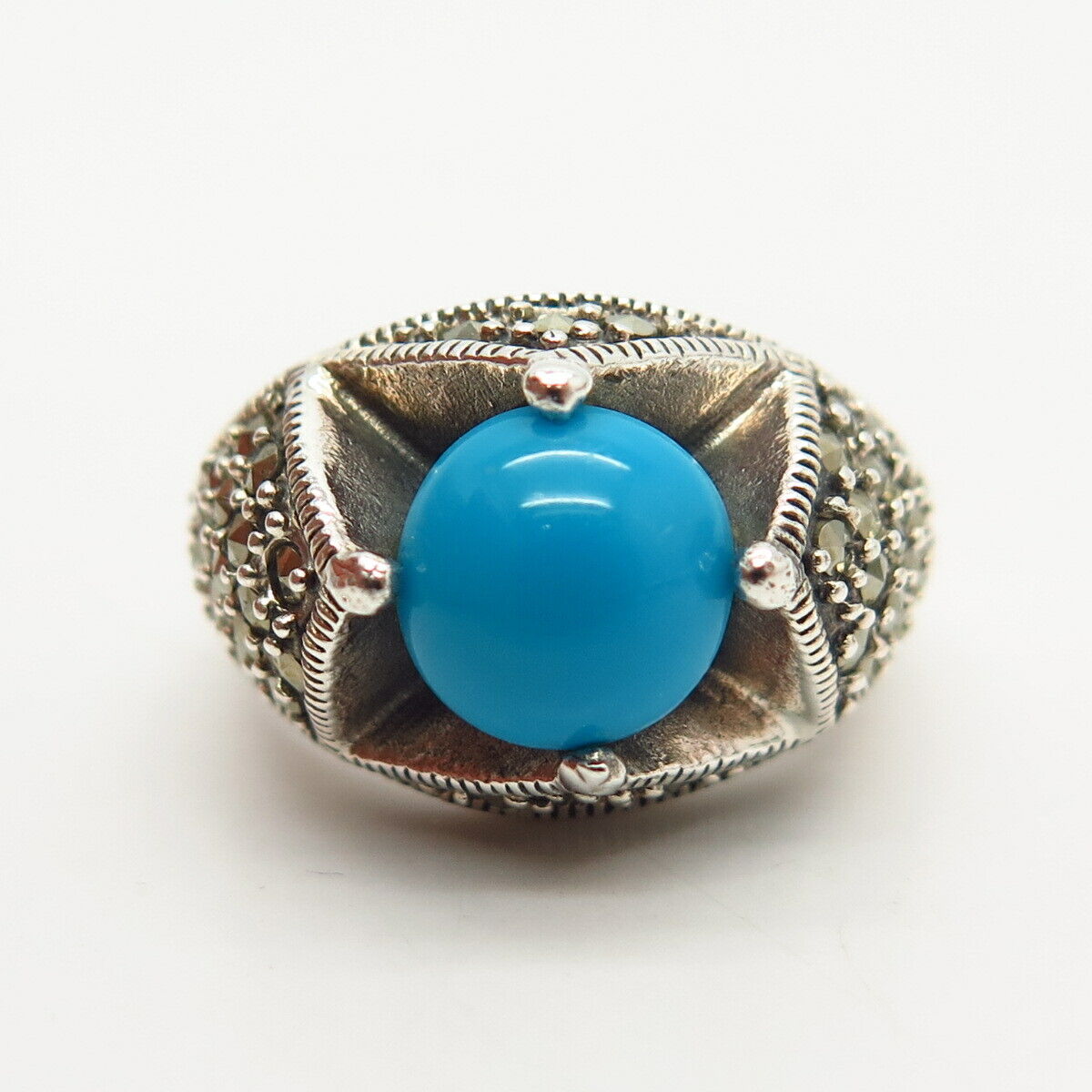 925 Sterling Silver Real Turquoise & Marcasite Gemstone Ring Size 6 3/4