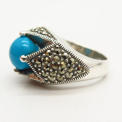 925 Sterling Silver Real Turquoise & Marcasite Gemstone Ring Size 6 3/4