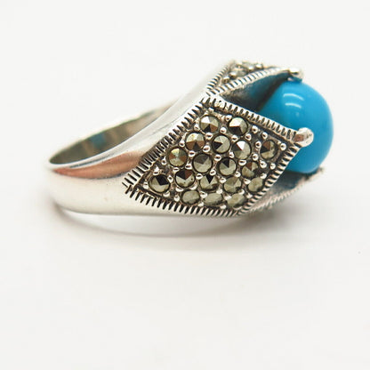 925 Sterling Silver Real Turquoise & Marcasite Gemstone Ring Size 6 3/4