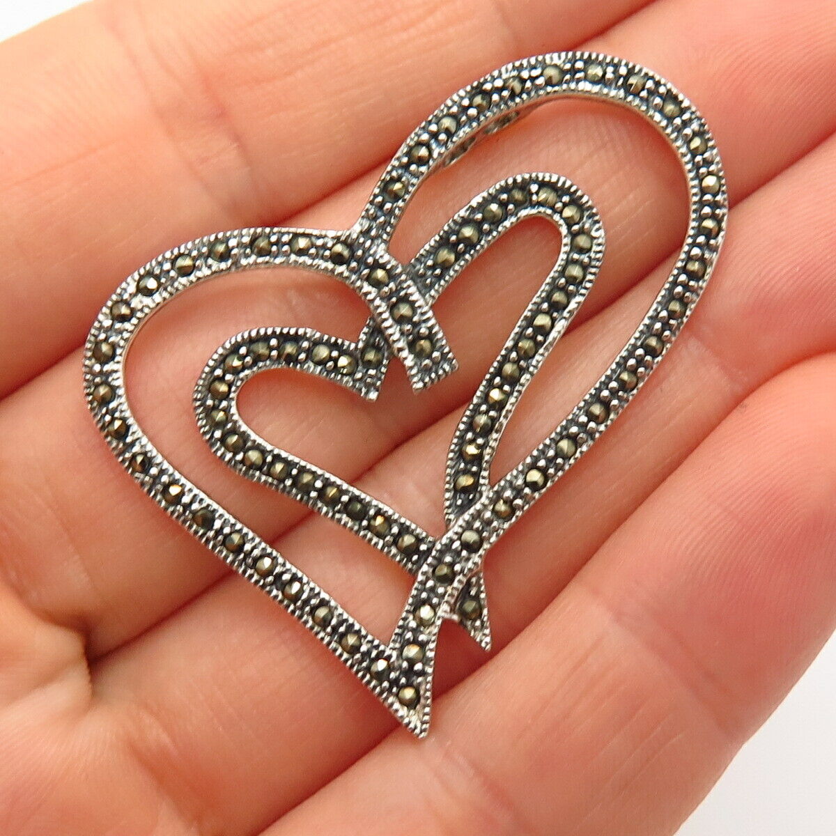 925 Sterling Silver Real Marcasite Gemstone Double Heart Design Slide Pendant