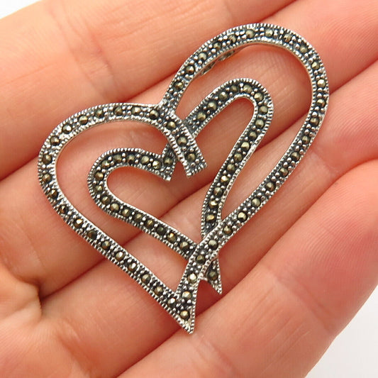 925 Sterling Silver Real Marcasite Gemstone Double Heart Design Slide Pendant