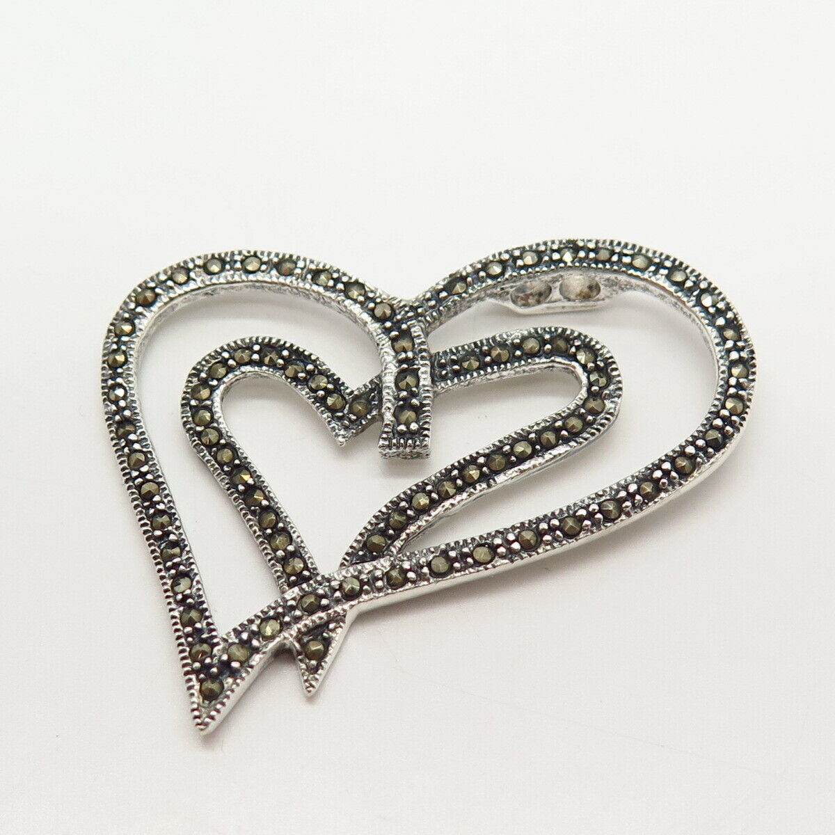 925 Sterling Silver Real Marcasite Gemstone Double Heart Design Slide Pendant