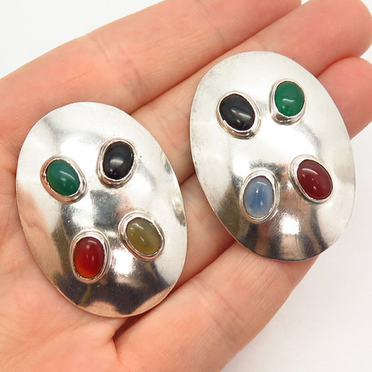 925 Sterling Silver Vintage Mexico Real Multi-Color Gem Oval Clip On Earrings