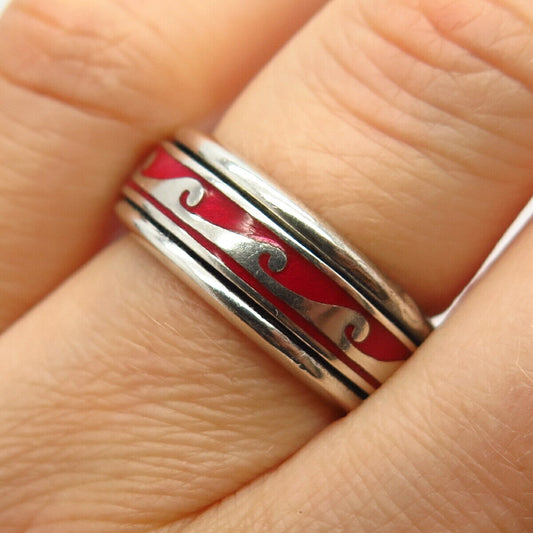 925 Sterling Silver Vintage Enamel Wave Design Rotating Band Ring Size 6 3/4