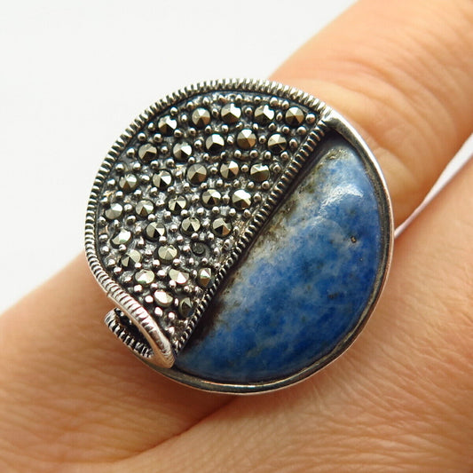 925 Sterling Silver Real Marcasite & Sodalite Gemstone Ring Size 4 3/4