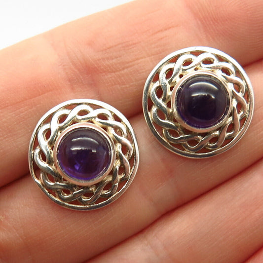 925 Sterling Silver Real Amethyst Gemstone Wicker Design Stud Earrings