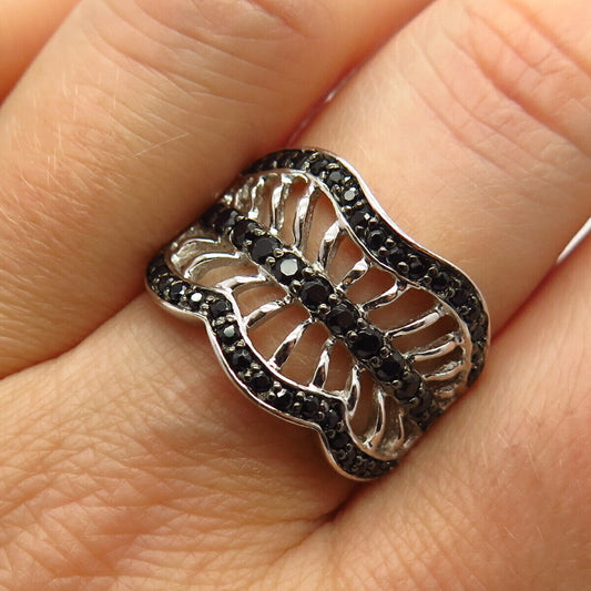 925 Sterling Silver Black C Z Carved Design Ring Size 7 3/4