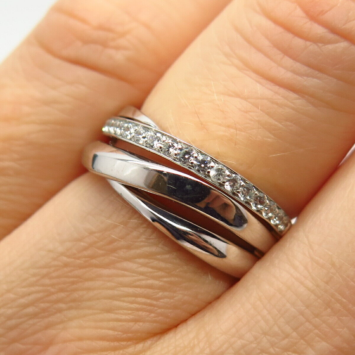 925 Sterling Silver C Z Stripe Design Ring Size 6 1/4