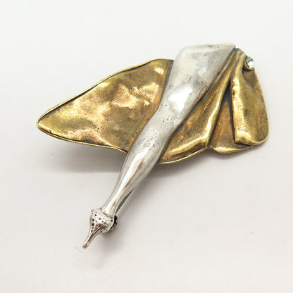 925 Sterling Silver 2-Tone C Z Ballet Dancer / Lady's Leg Design Pin Brooch