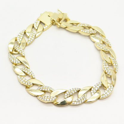 925 Sterling Silver Gold Plated C Z Cuban Link Bracelet 8 1/4"