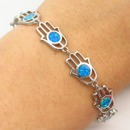 925 Sterling Silver Opal Imitation Hamsa Judaica Link Bracelet 8"