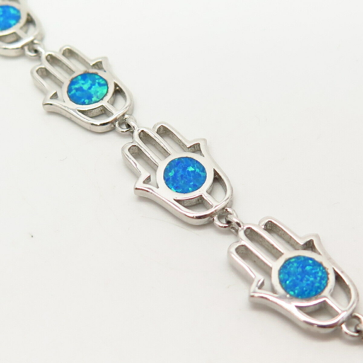 925 Sterling Silver Opal Imitation Hamsa Judaica Link Bracelet 8"