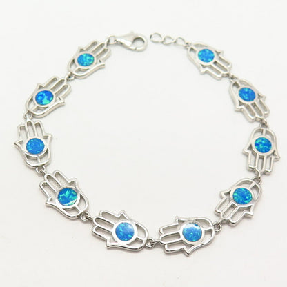 925 Sterling Silver Opal Imitation Hamsa Judaica Link Bracelet 8"