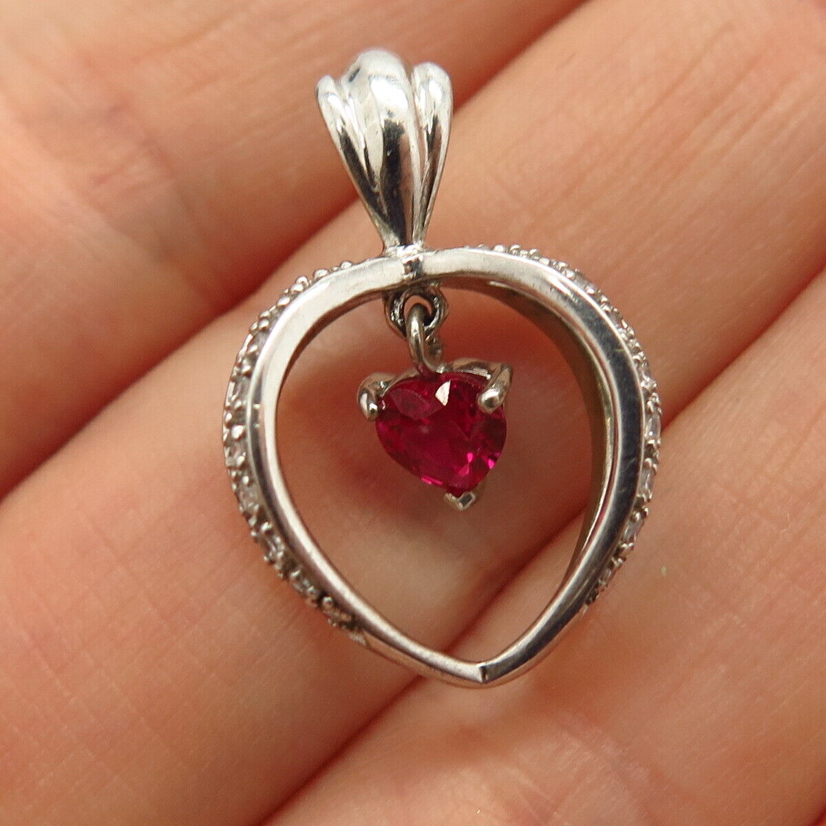 925 Sterling Silver White & Pink C Z Open Heart Design Dangling Pendant