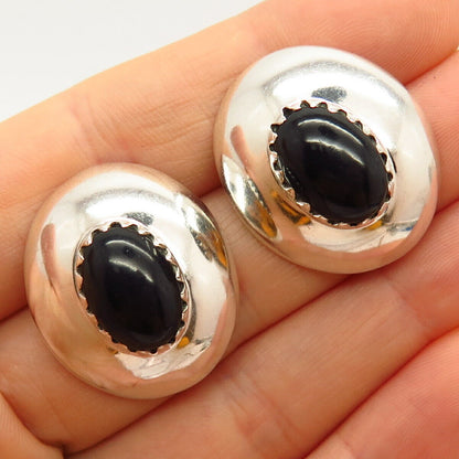 925 Sterling Silver Vintage Mexico Real Black Onyx Gemstone Oval Earrings