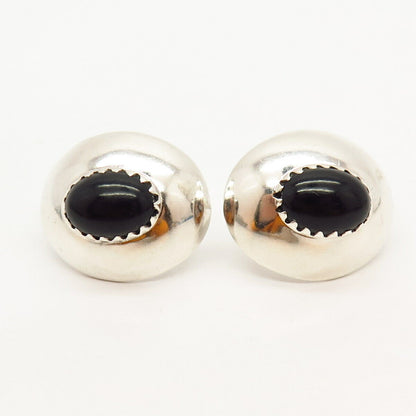 925 Sterling Silver Vintage Mexico Real Black Onyx Gemstone Oval Earrings