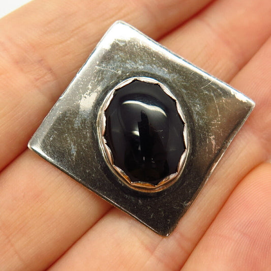 925 Sterling Silver Vintage Real Black Onyx Gemstone Square Pendant