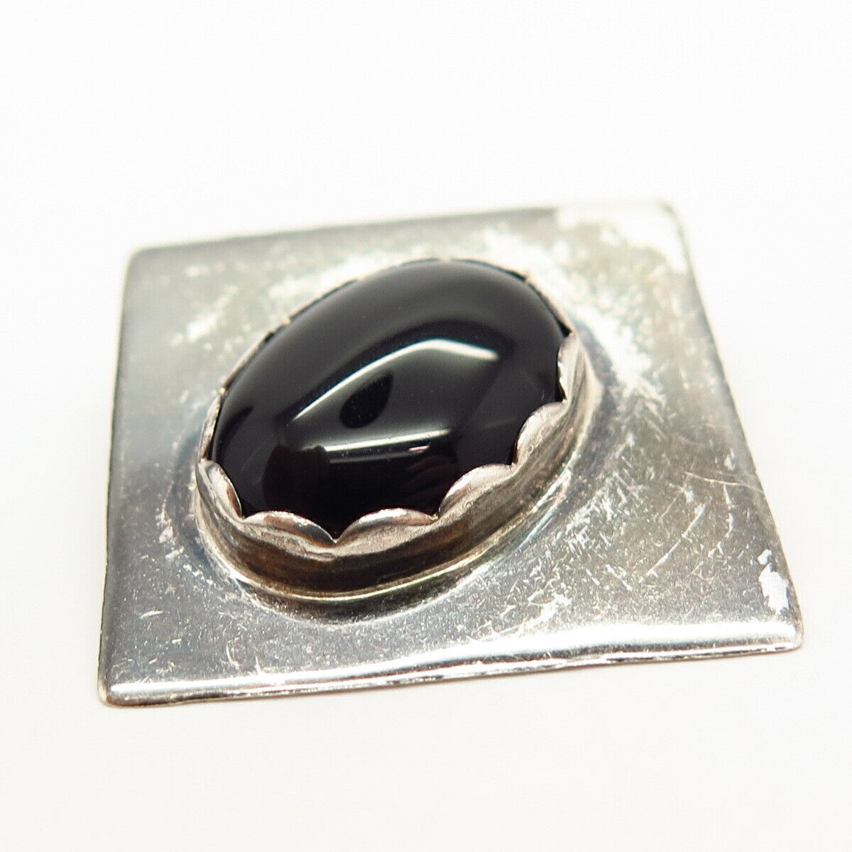 925 Sterling Silver Vintage Real Black Onyx Gemstone Square Pendant