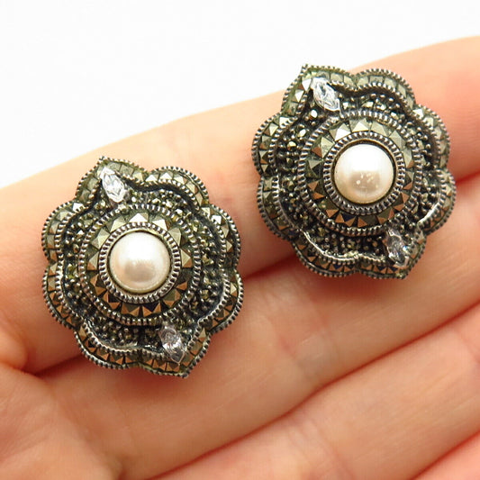 925 Sterling Vintage Judith Jack Real Marcasite & Faux Pearl Omega Back Earrings