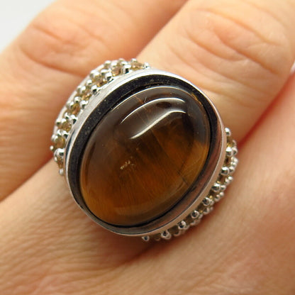 925 Sterling Silver Real Tiger Eye & Citrine Gemstone Ring Size 7