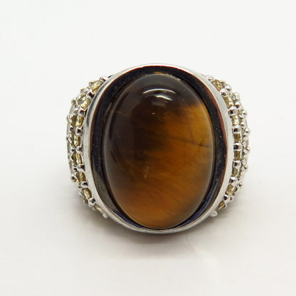 925 Sterling Silver Real Tiger Eye & Citrine Gemstone Ring Size 7