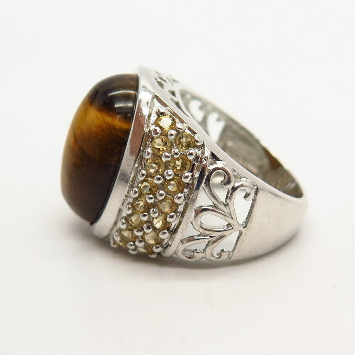 925 Sterling Silver Real Tiger Eye & Citrine Gemstone Ring Size 7