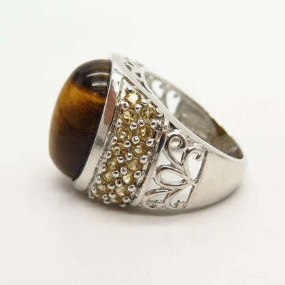 925 Sterling Silver Real Tiger Eye & Citrine Gemstone Ring Size 7