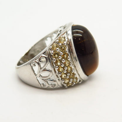 925 Sterling Silver Real Tiger Eye & Citrine Gemstone Ring Size 7