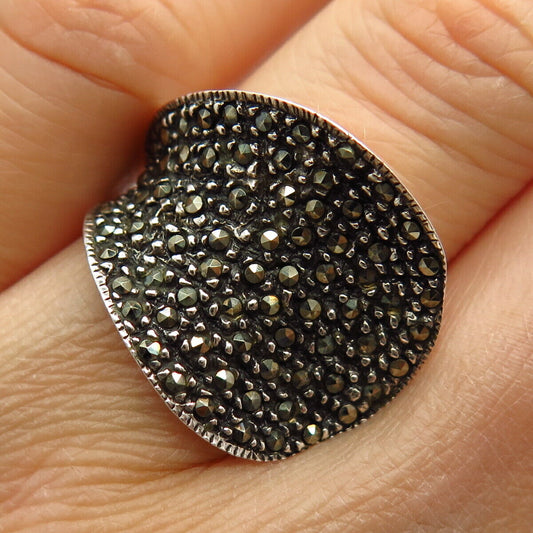 925 Sterling Silver Real Marcasite Gemstone Modernist Wide Ring Size 6 3/4