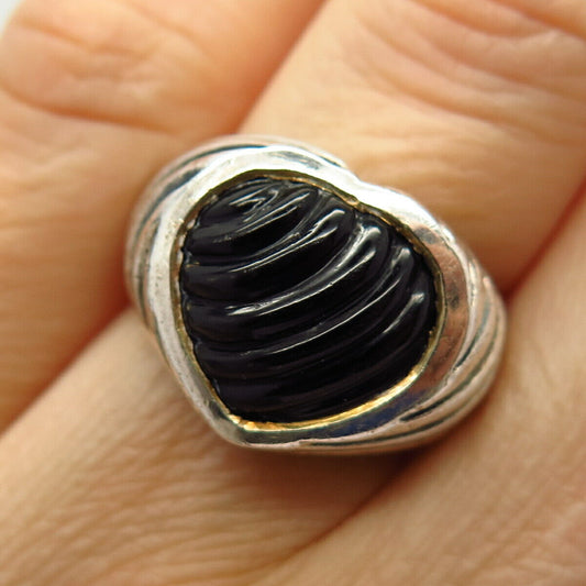 925 Sterling Silver Real Black Onyx Gemstone Heart Design Ring Size 6