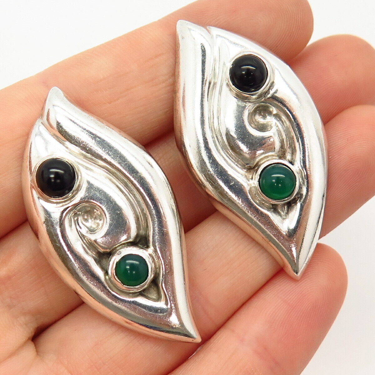 925 Sterling Silver Vintage Mexico Chalcedony & Black Onyx Gem Clip On Earrings