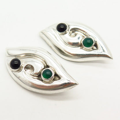 925 Sterling Silver Vintage Mexico Chalcedony & Black Onyx Gem Clip On Earrings