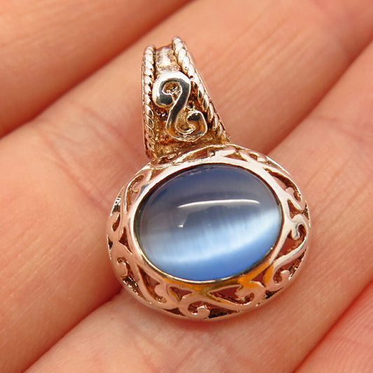 925 Sterling Silver 2-Tone Blue Tiger Eye Imitation Swirl Design Pendant