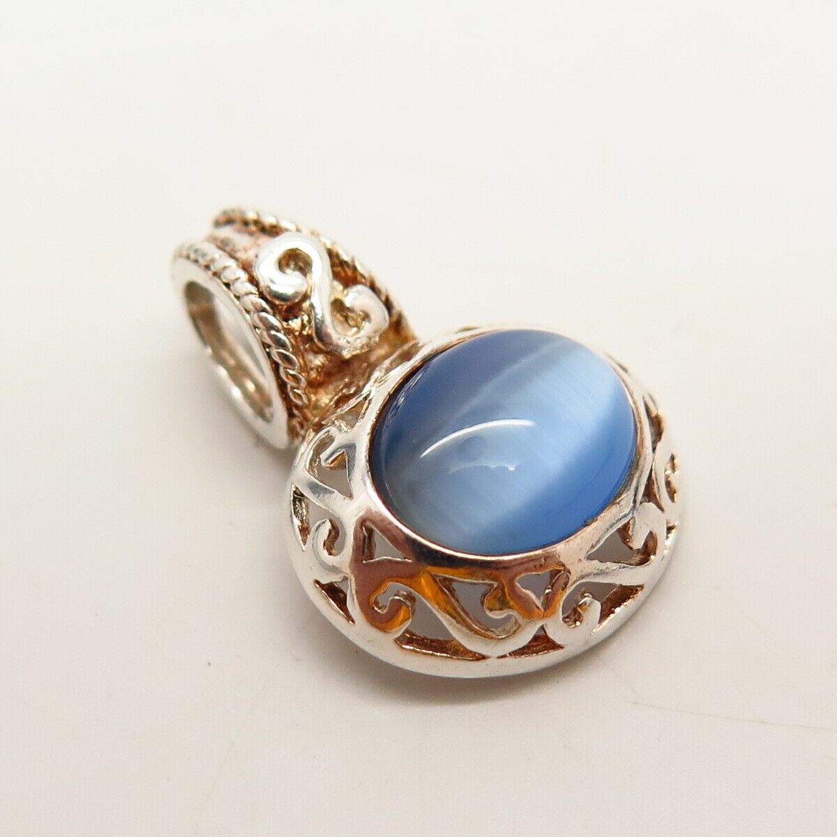 925 Sterling Silver 2-Tone Blue Tiger Eye Imitation Swirl Design Pendant